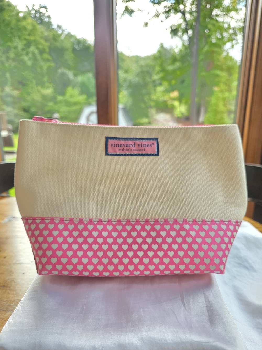 Vineyard Vines Cream and Pink Heart Canvas Cosmetic Pouch